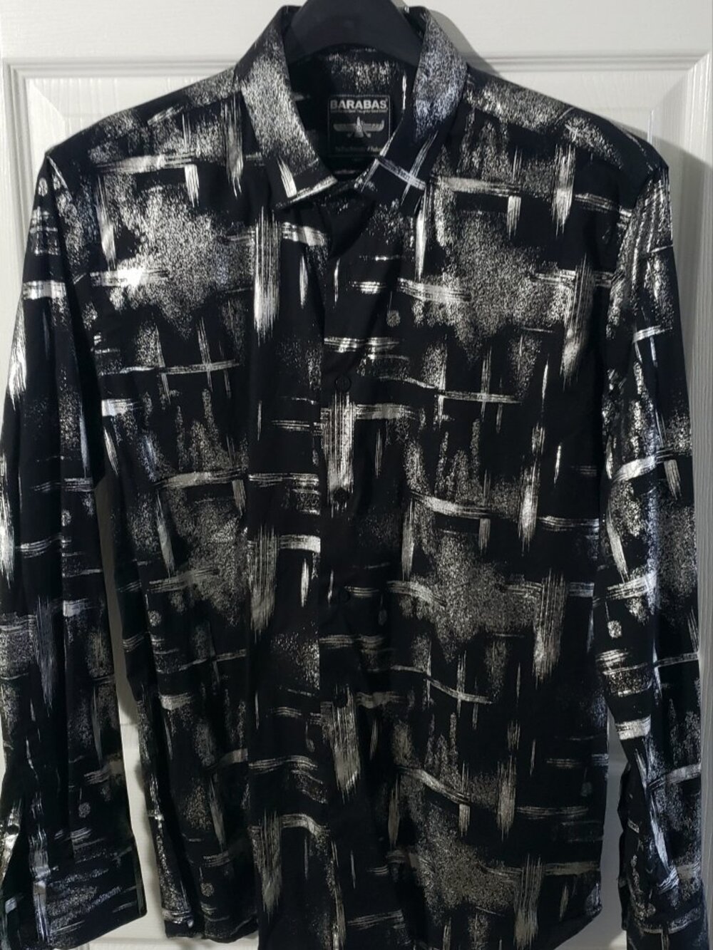 MENS BARABAS SILVER & BLACK ABSTRACT SLIM FIT SHIRT SIZE XL